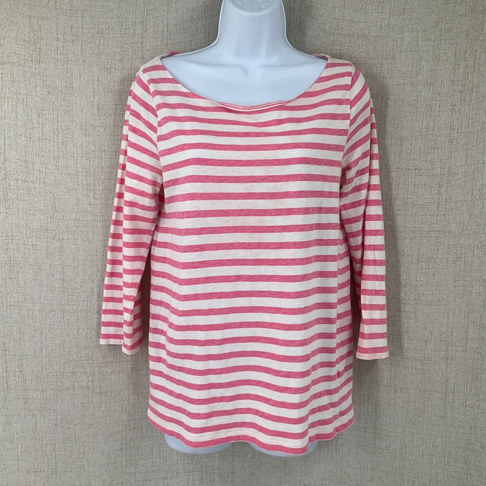 J.Crew Boatneck Top Women M Pink Striped 3/4 Sleeve Nautical Preppy Coastal